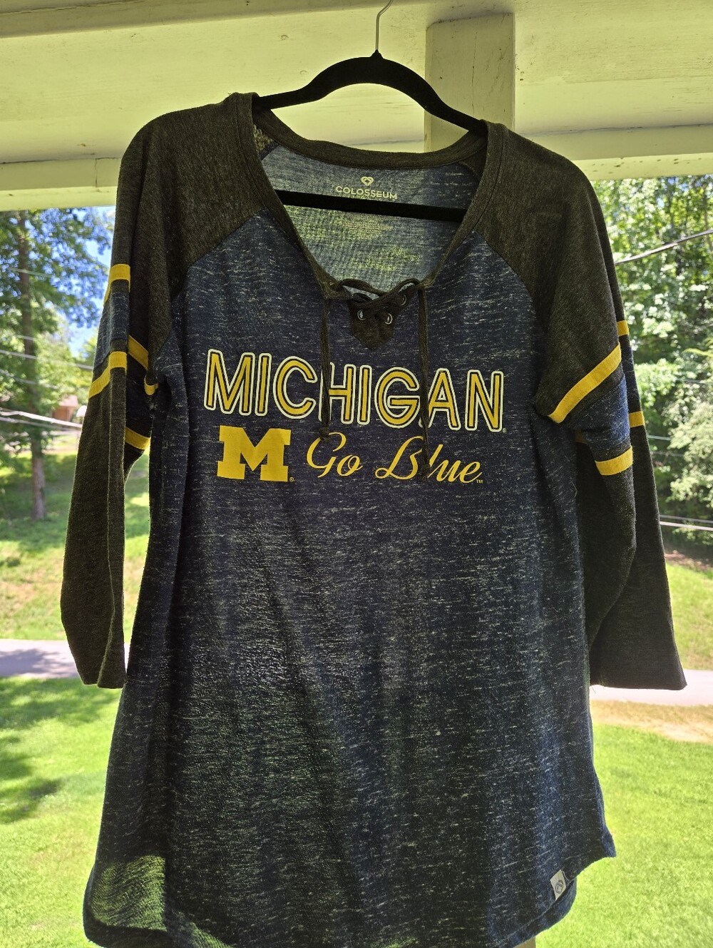 Colosseum Michigan 'Go Blue' Lace-Up Hoodie Tee in Navy and Yellow